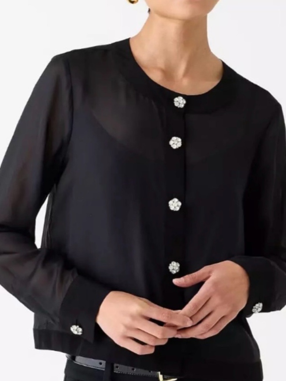 J.Crew Black Chiffon Button-Front Women’s Top with Floral Jewel Buttons size Lar